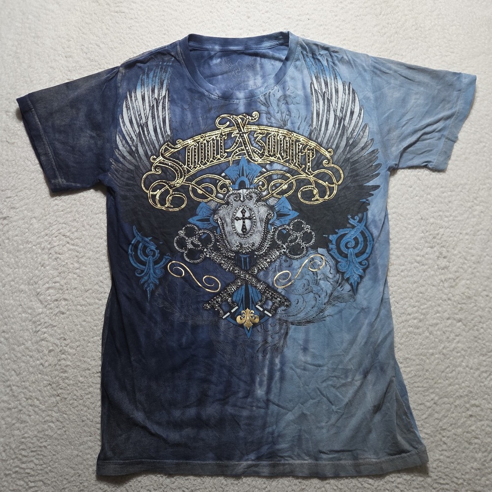 Y2K Xzavier Shirt mens Large Blue AOP Cross Faith Wings Rhinestone Goth Punk